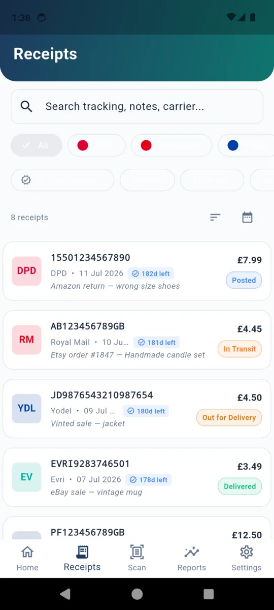 The PostProof receipts list showing five parcels with carrier badges, prices, status chips and days-left-to-claim counters