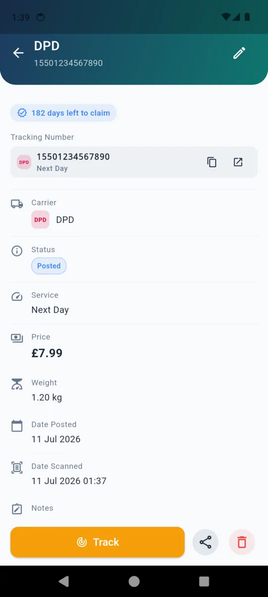 A PostProof receipt detail for a DPD parcel showing the tracking number, carrier, status, service, price, weight, date posted and a Track button