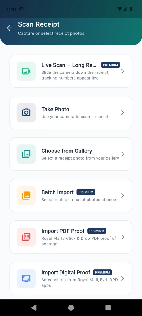 The PostProof scan screen listing Live Scan, Take Photo, Choose from Gallery, Batch Import, Import PDF Proof and Import Digital Proof