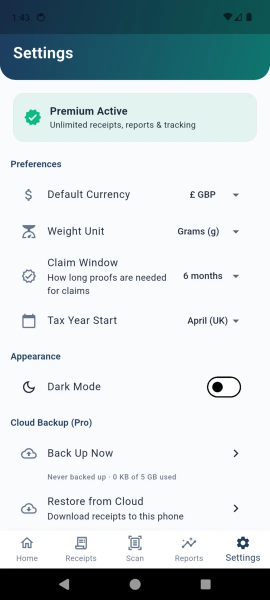 PostProof settings showing default currency, weight unit, a claim window of 6 months, tax year start, dark mode and cloud backup