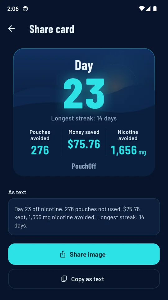 Share card: the day count and money kept as an image or plain text.