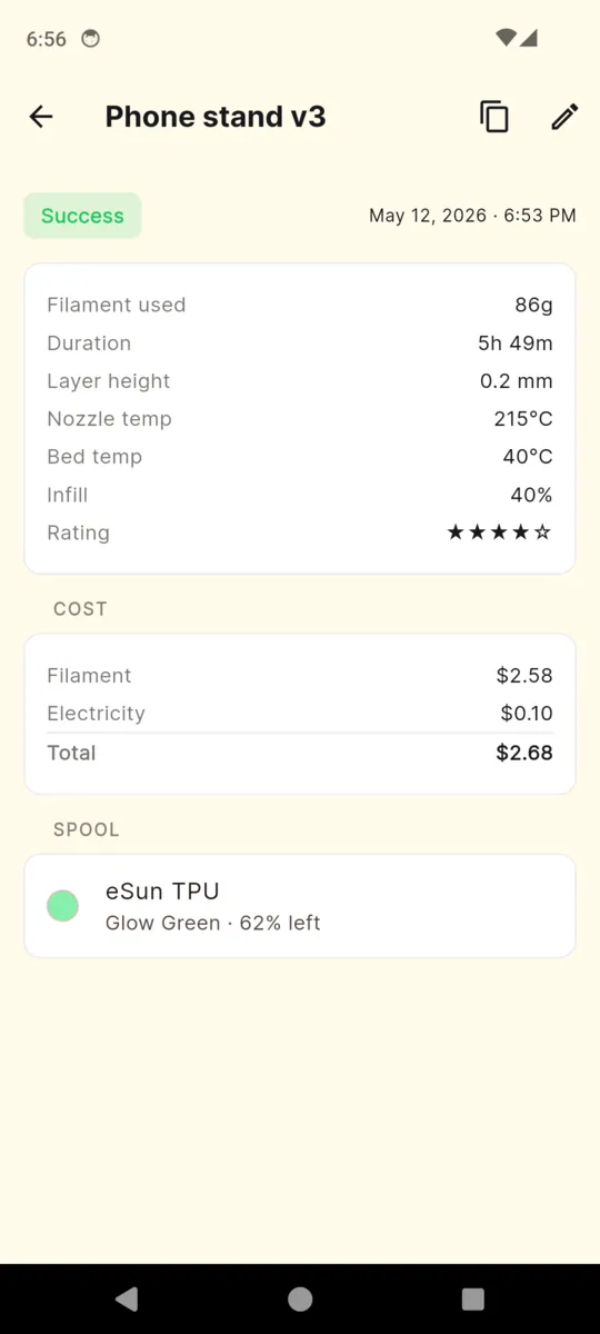 The Phone stand v3 print in PrintVault with filament used, duration, layer height, temperatures, infill, a four star rating and a cost breakdown totalling $2.68