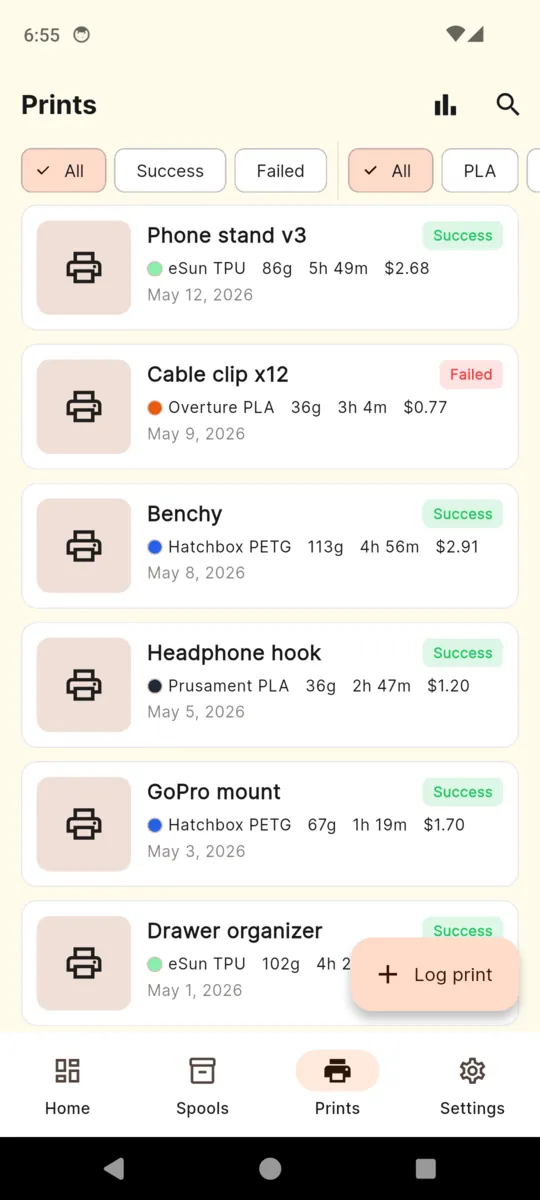 The PrintVault print log listing Phone stand v3, Cable clip x12, Benchy, Headphone hook and GoPro mount with grams, duration, cost and a success or failed tag