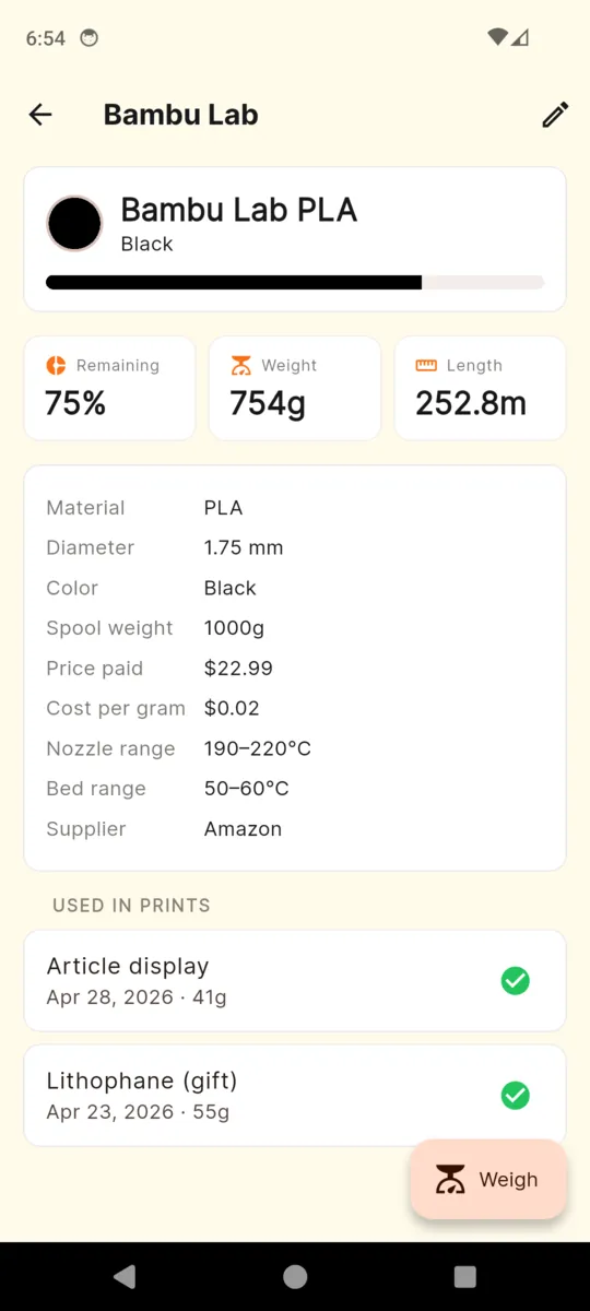 A Bambu Lab PLA spool in PrintVault showing 75 percent remaining, 754 grams, 252.8 metres, price paid $22.99, cost per gram $0.02 and its temperature ranges