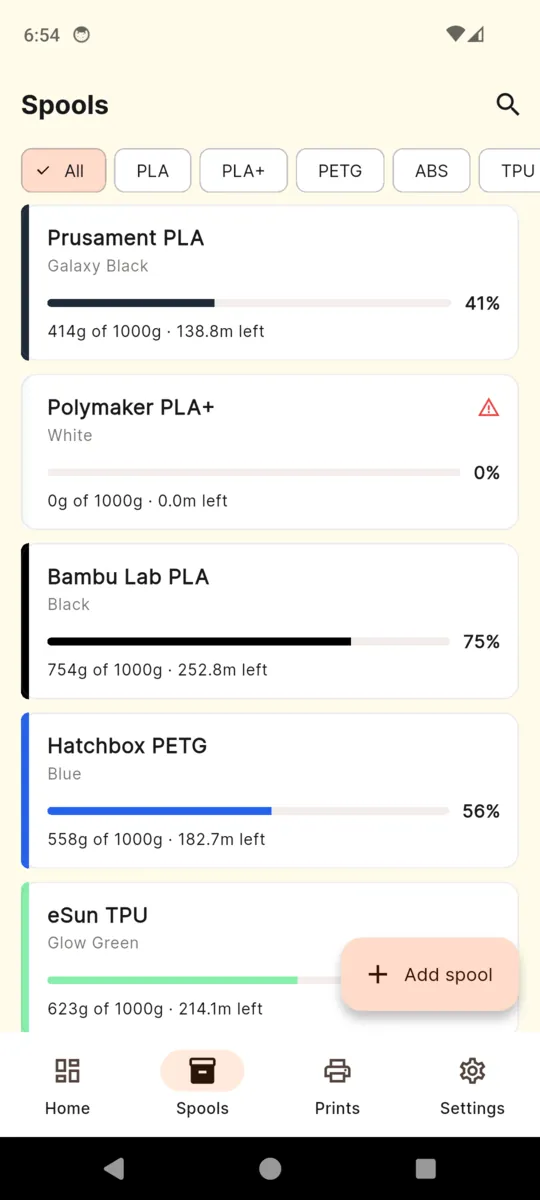 The PrintVault spool list with Prusament PLA at 41 percent, Polymaker PLA+ at 0 percent, Bambu Lab PLA at 75 percent and Hatchbox PETG at 56 percent, each showing grams and metres left