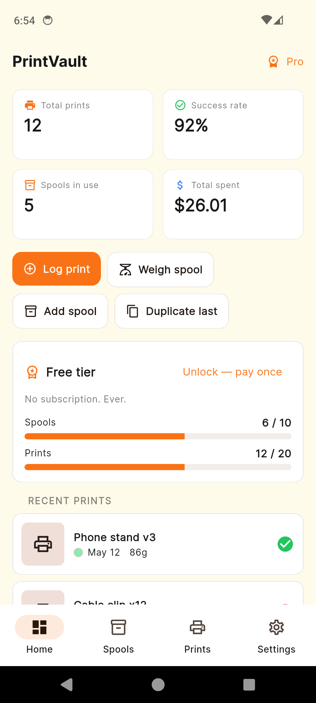 PrintVault dashboard with statistics