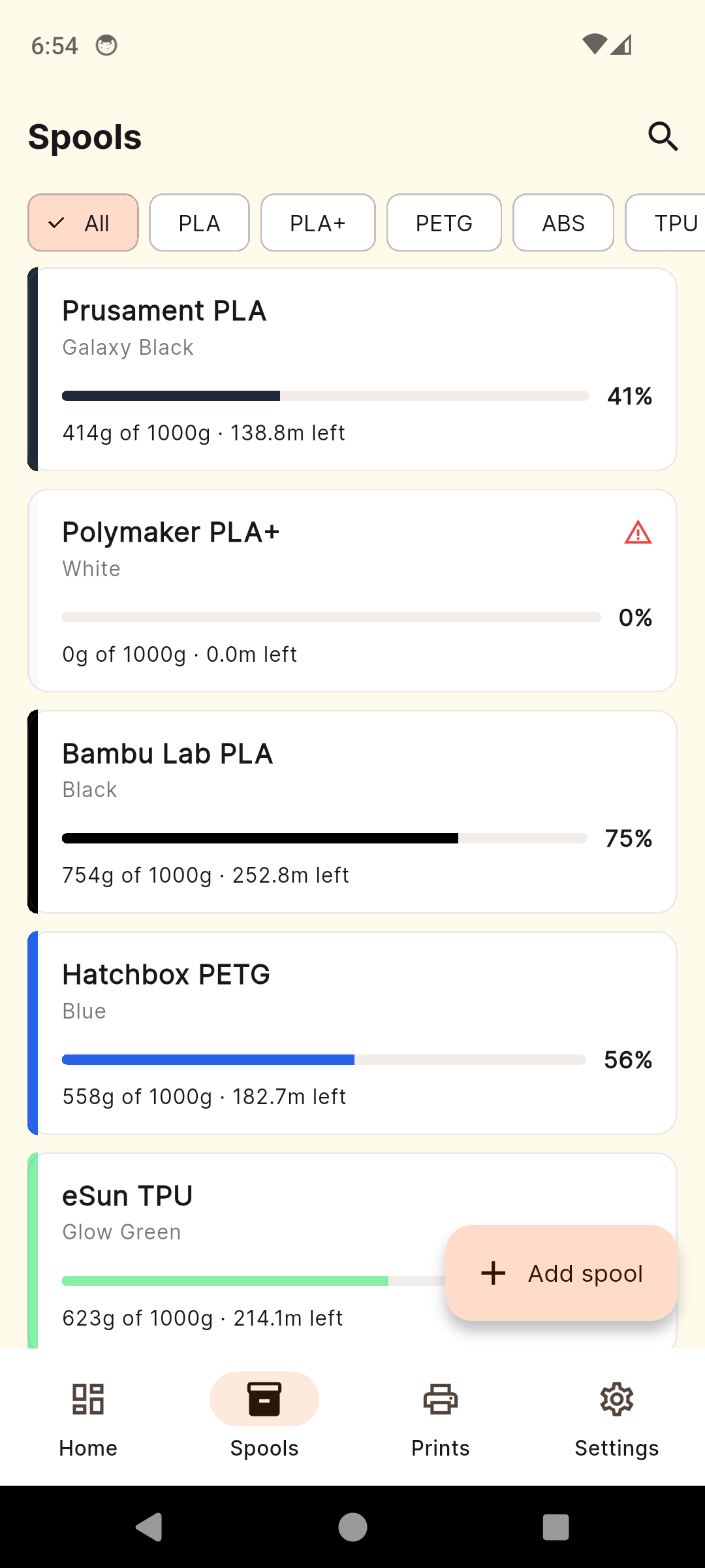 PrintVault filament spools inventory