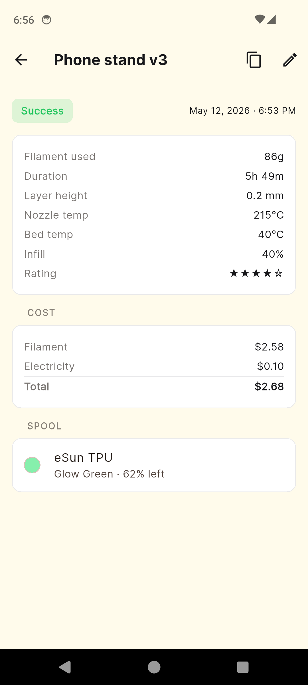 PrintVault print detail with cost breakdown