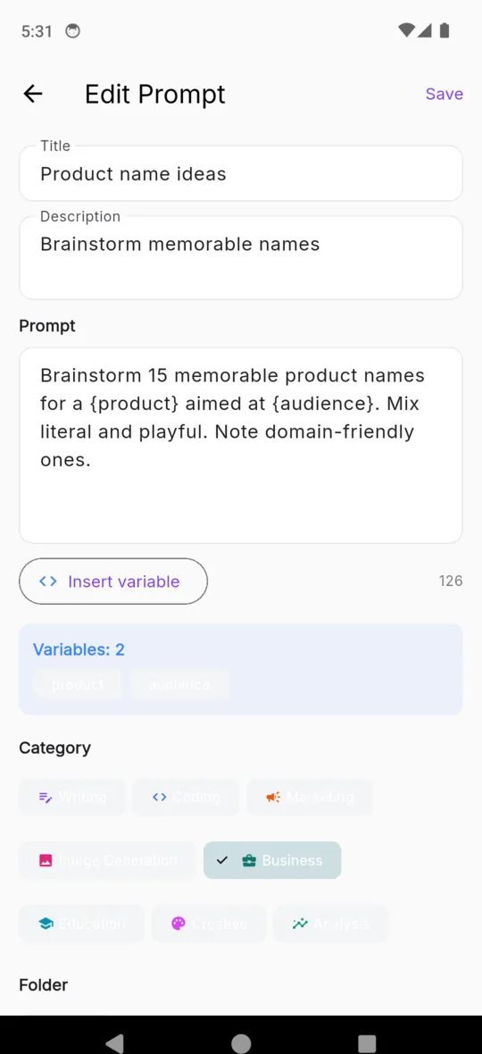 The PromptVault editor with an insert-variable button, a live variable count and a category picker