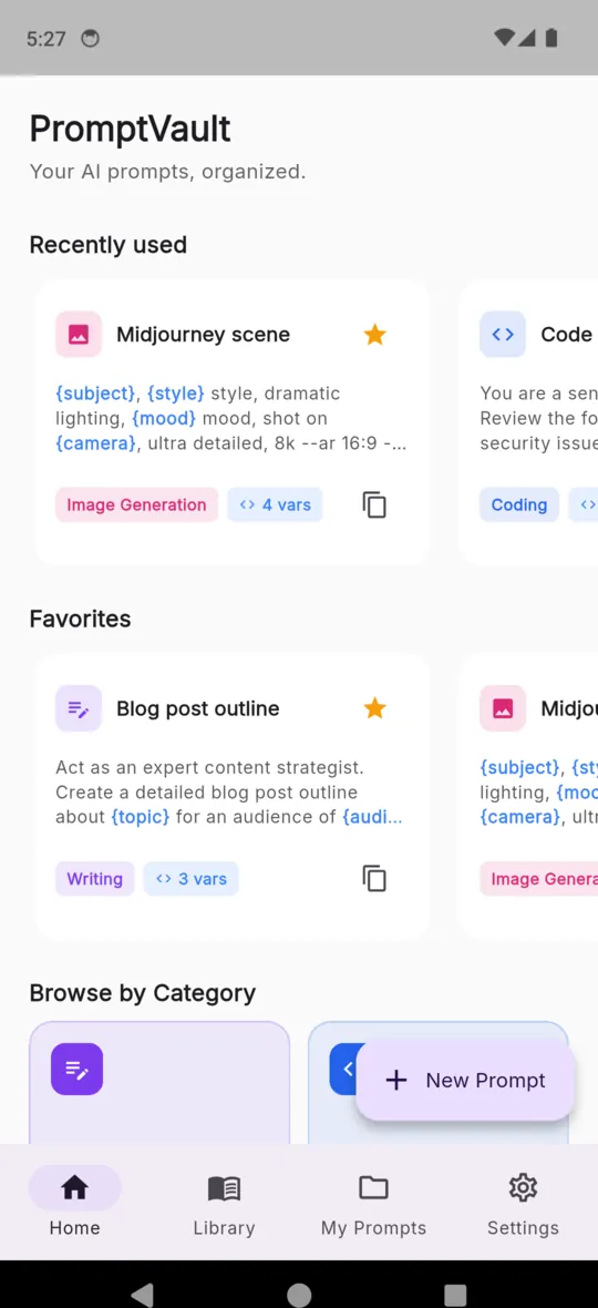 The PromptVault home screen with recently used and favourite prompts above a browse-by-category grid