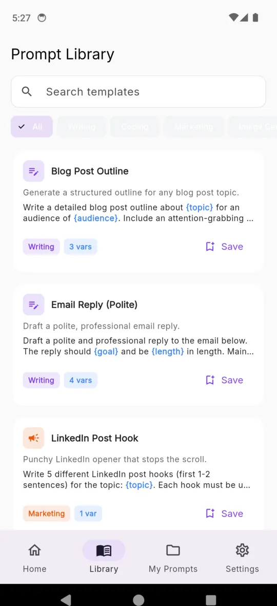 The PromptVault prompt library listing Blog Post Outline, Email Reply and LinkedIn Post Hook with their categories and variable counts
