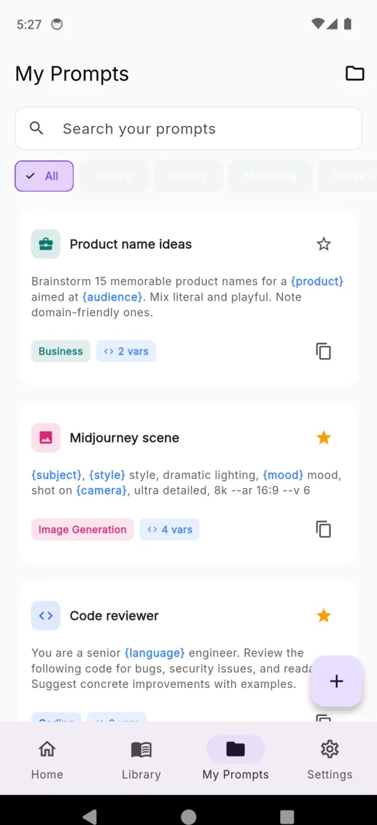 My Prompts in PromptVault, a searchable list of saved prompts with tag chips and a folder filter