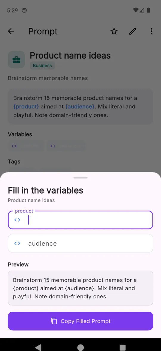 The PromptVault fill sheet asking for the product and audience variables, with a live preview of the finished prompt underneath