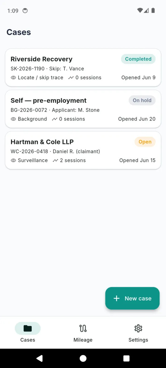 The ProofPI cases list with three sample cases marked completed, on hold and open, each showing its reference, type, session count and date opened
