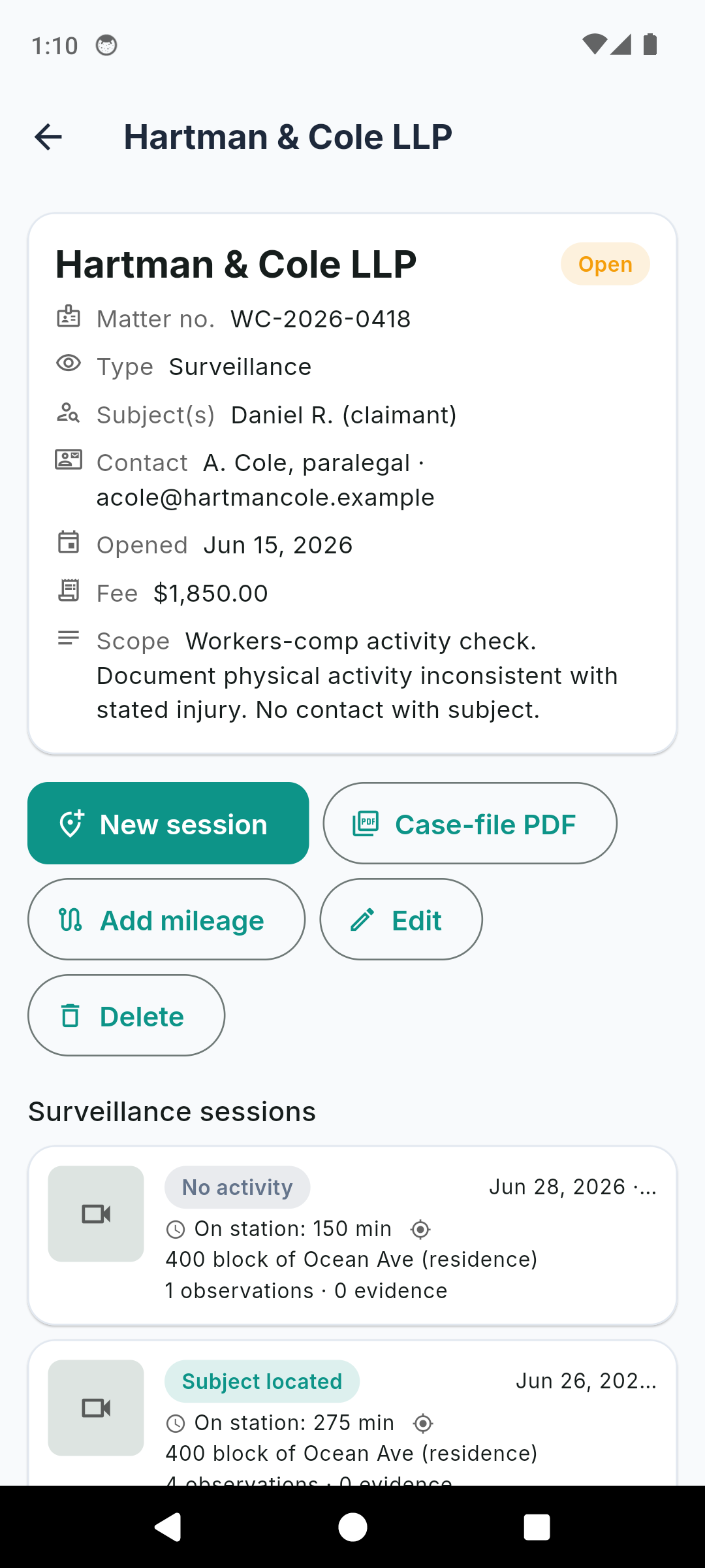 Private Investigator Log case detail showing surveillance sessions, mileage and a court-style case-file PDF export button