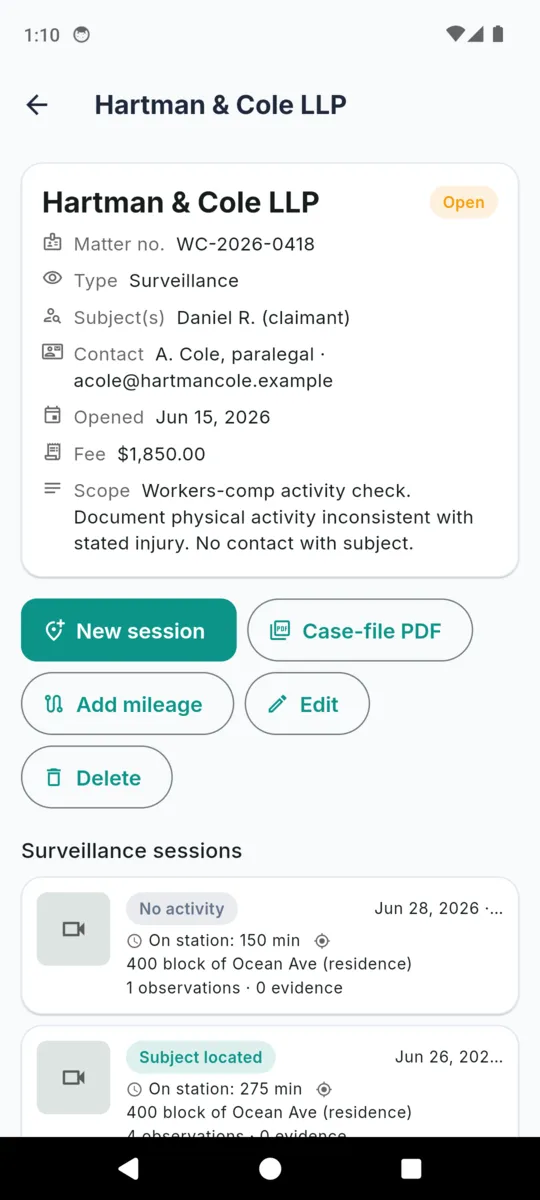 A ProofPI case detail showing matter number, type, subject, client contact, date opened, fee and scope, above buttons for a new session, the case-file PDF, mileage and editing