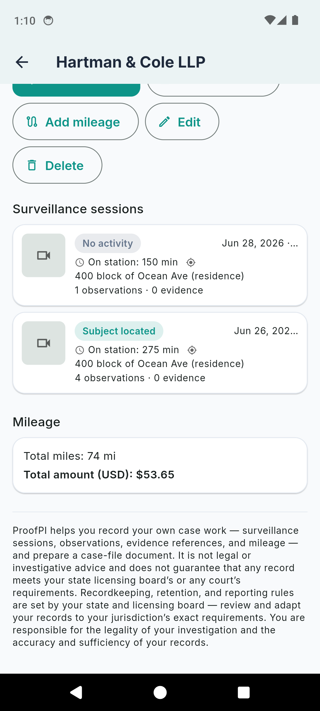 Private Investigator Log surveillance session screen with a chronological, timestamped observations log and GPS stamp