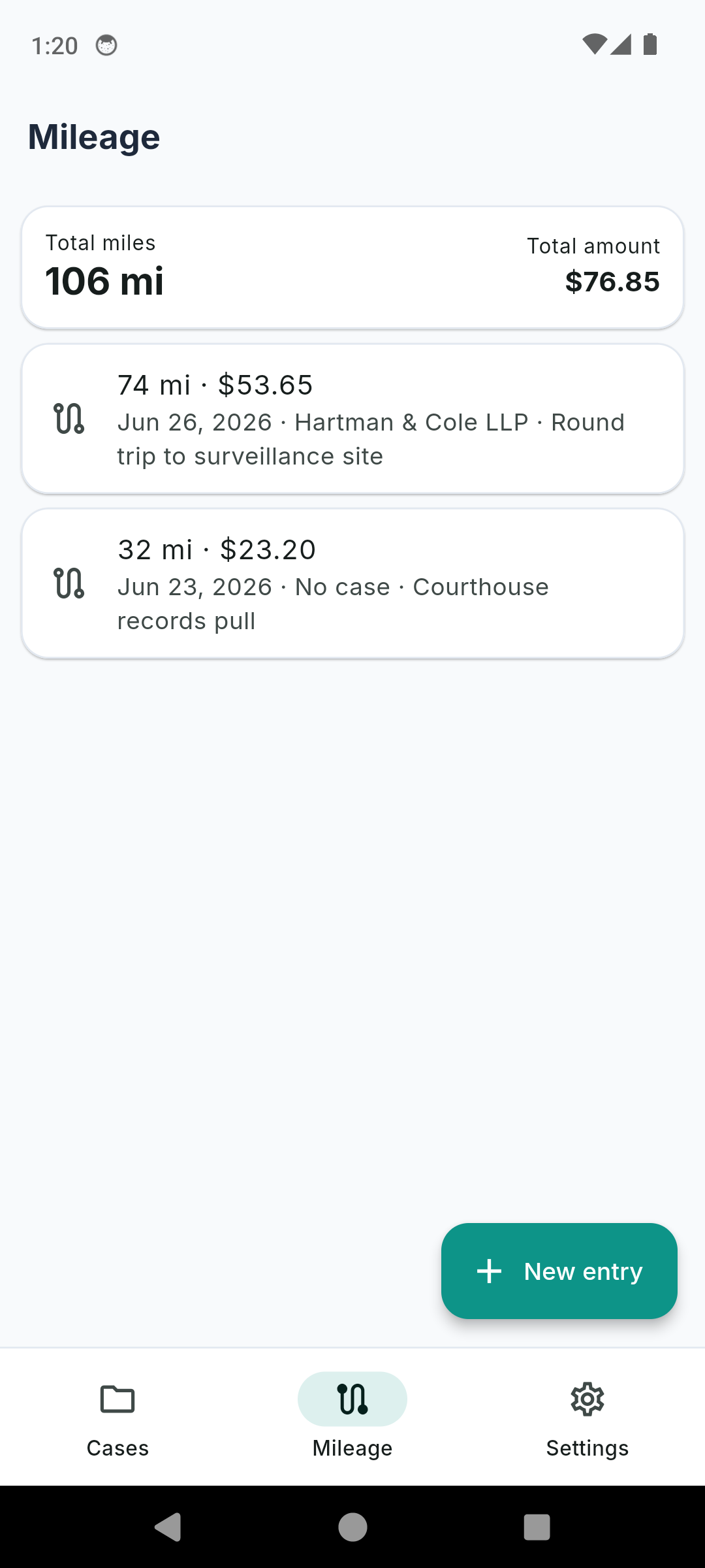 Private Investigator Log new surveillance session form with foreground-only GPS stamp, photo evidence capture and outcome picker