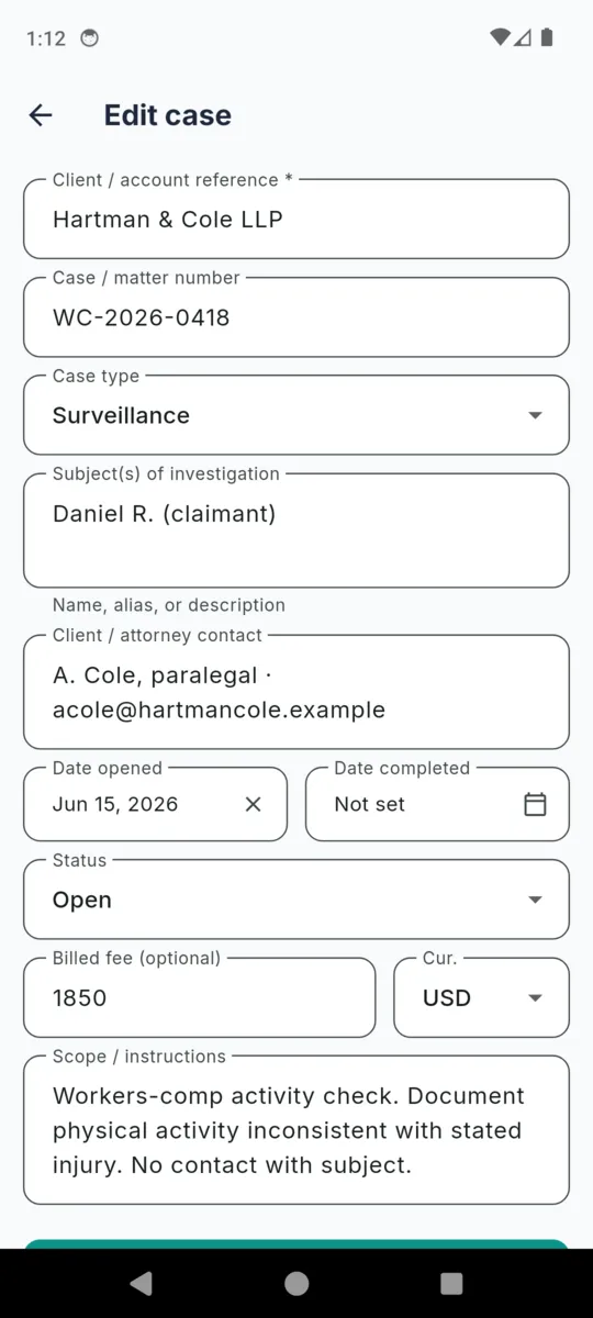 The ProofPI edit-case form with client reference, matter number, case type, subjects, client contact, dates, status, billed fee, currency and scope fields