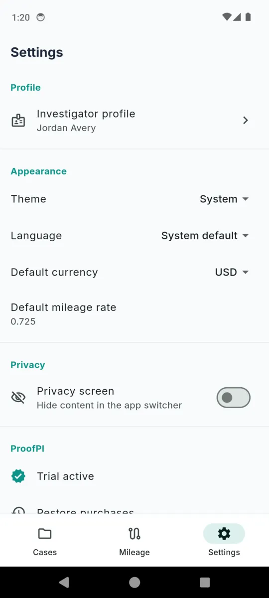 ProofPI settings showing the investigator profile link, theme, language, default currency, default mileage rate and a privacy screen switch