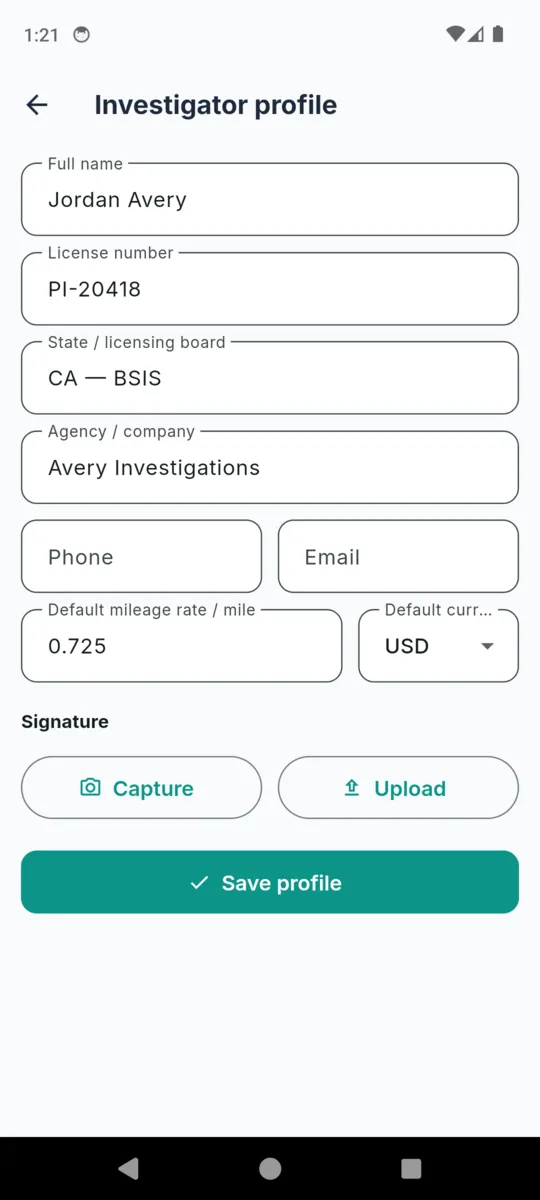 The ProofPI investigator profile with full name, license number, state licensing board, agency, contact fields, default mileage rate, currency and a signature capture