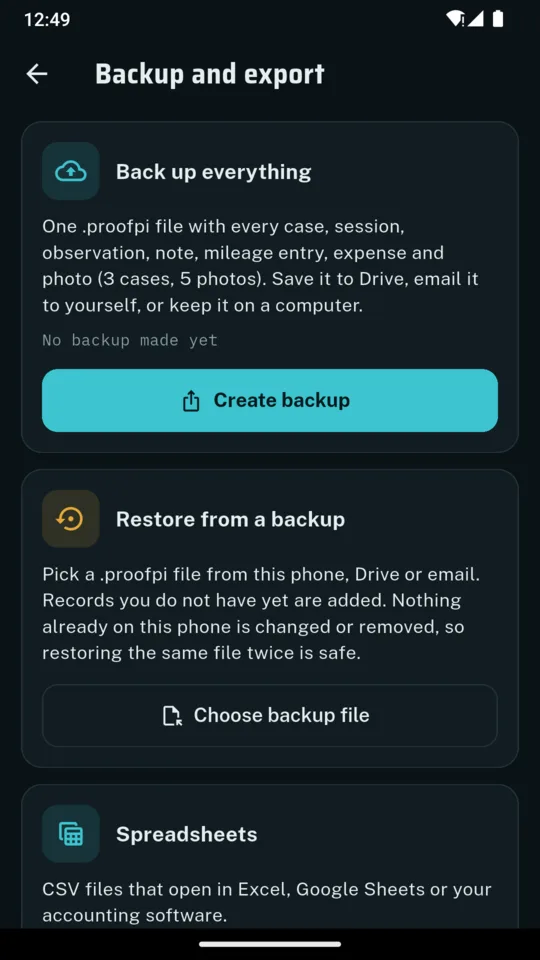 The ProofPI backup screen with options to create a backup file, restore from one, and export spreadsheets