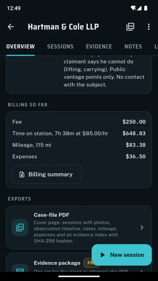 The ProofPI billing card showing the fee, time on station at an hourly rate, mileage and expenses, with the case-file and package exports below