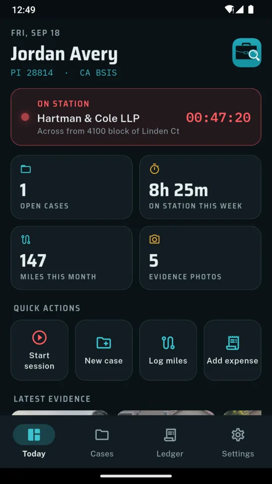 The ProofPI Today screen with a session on station, open cases, hours this week, miles this month, photo count, quick actions and the latest photos
