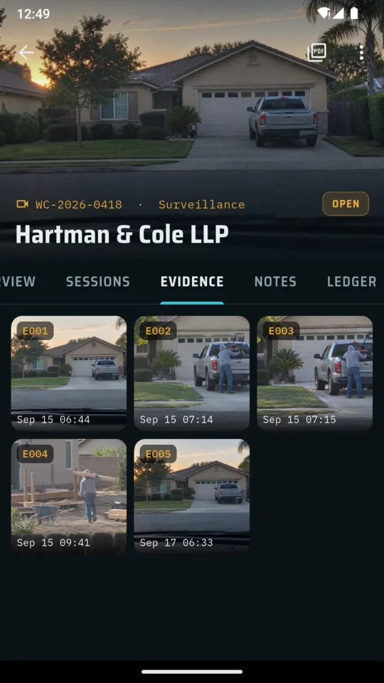 The ProofPI evidence tab showing numbered photo thumbnails grouped by session, each with its time