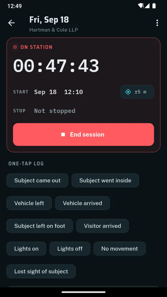 A ProofPI session on station with a running timer at 00:47:43, the start time, an End session button and one-tap observation buttons