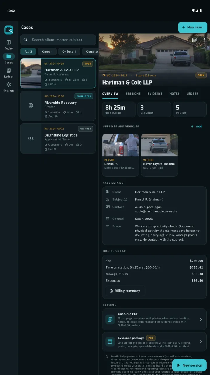 ProofPI on a tablet with the case list on the left and the open case on the right