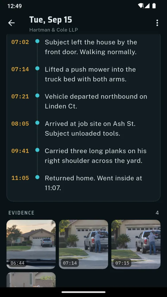 A ProofPI session timeline listing observations from 07:02 to 11:05 in order, each with its time