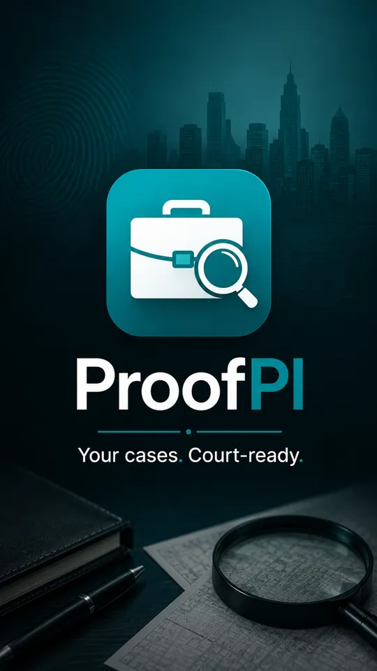 The ProofPI launch screen: a case-and-magnifier icon above the wordmark and the line Your cases. Court-ready.