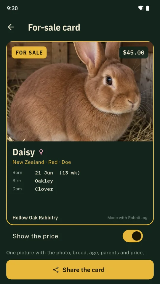 A for-sale card: Daisy, a New Zealand Red doe at 13 weeks, priced at $45.