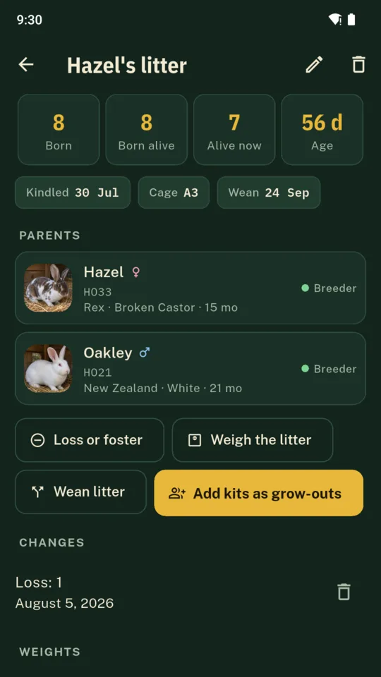 Hazel’s litter: 8 born, 7 alive at 56 days, with Weigh the litter and Add kits as grow-outs.