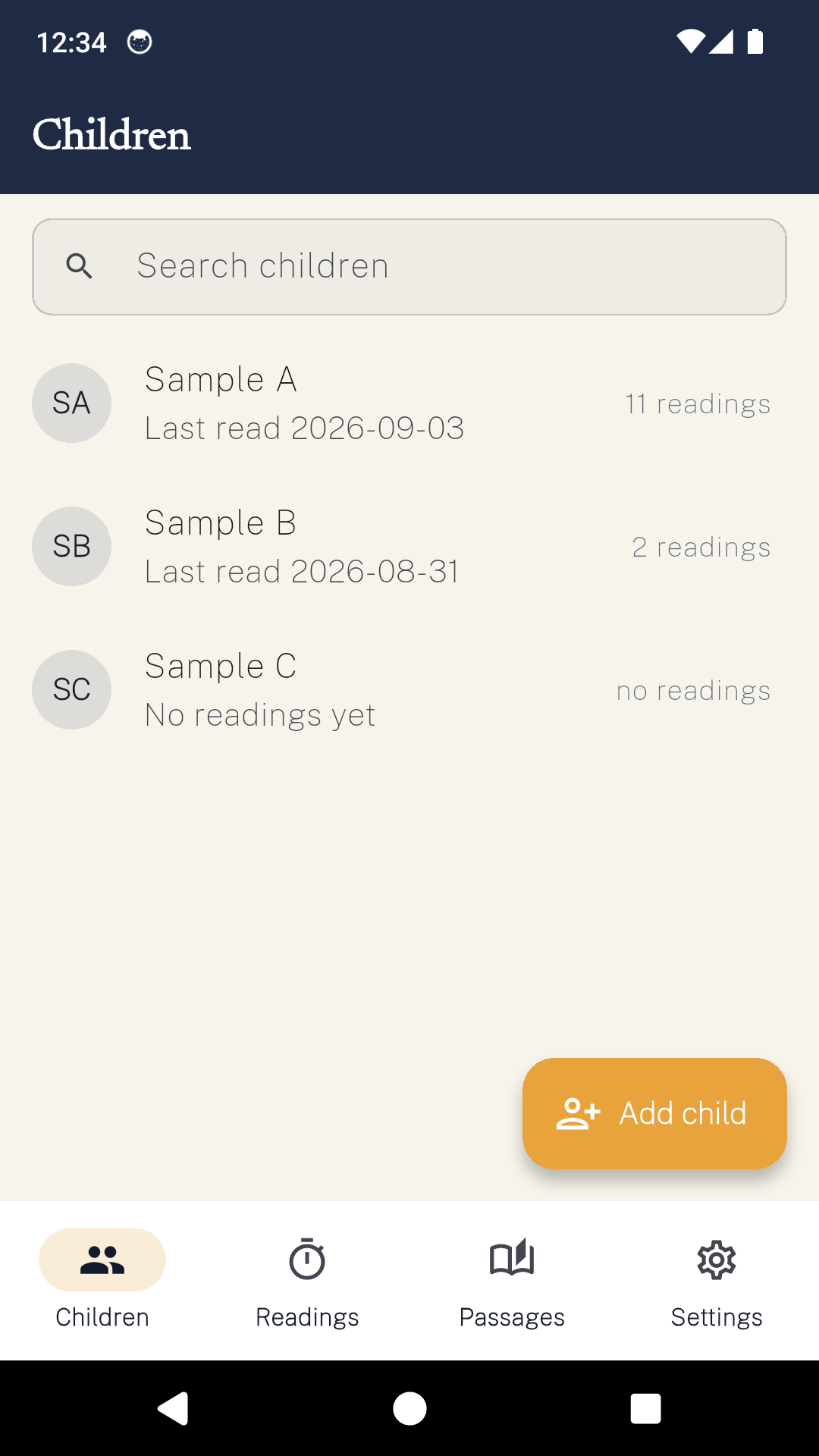 The ReadFluent children list, each child showing the date last read and how many readings are on record.