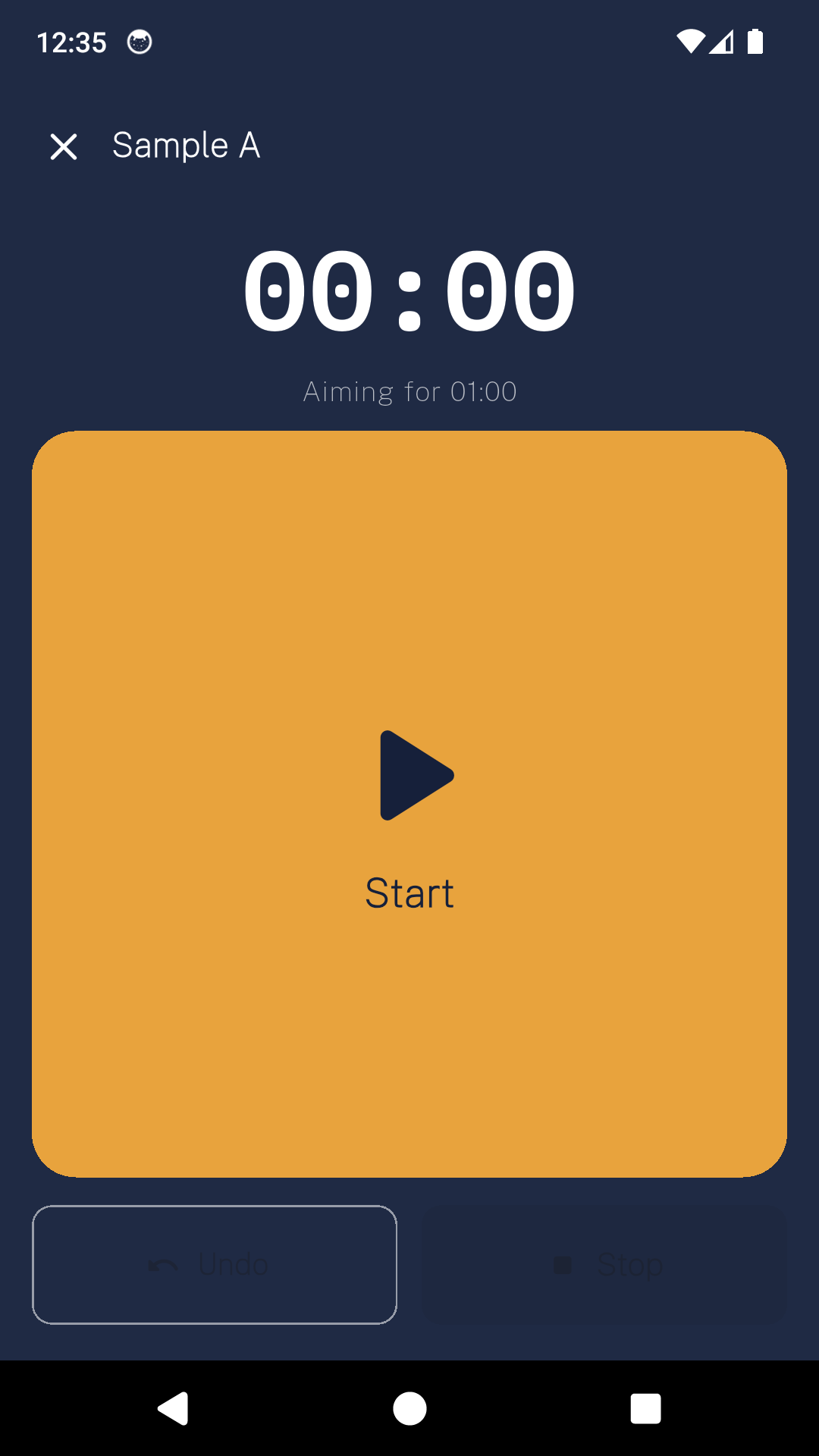 The ReadFluent timer before it starts, aiming for one minute, with one large start control.
