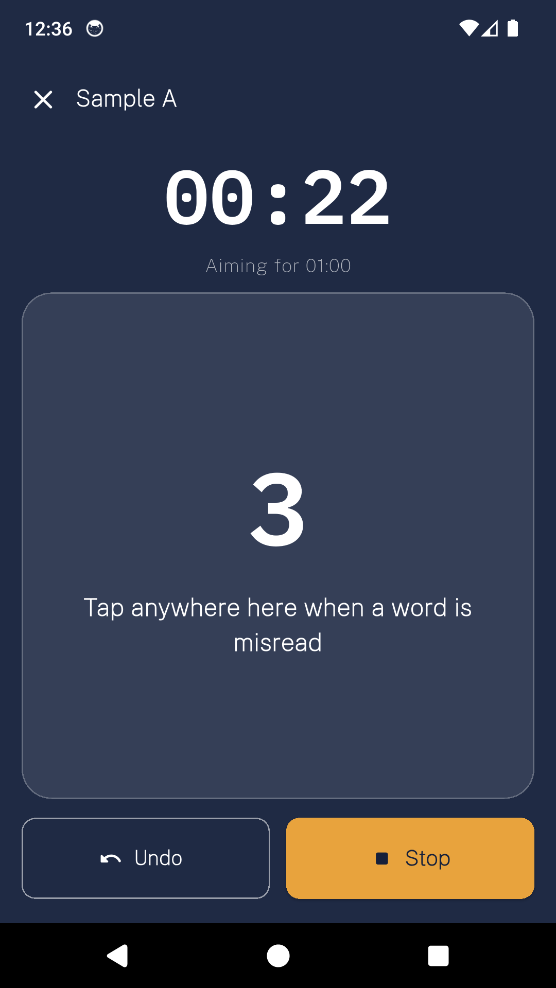 The ReadFluent timer running at twenty two seconds, with three error taps counted on one large tap target.