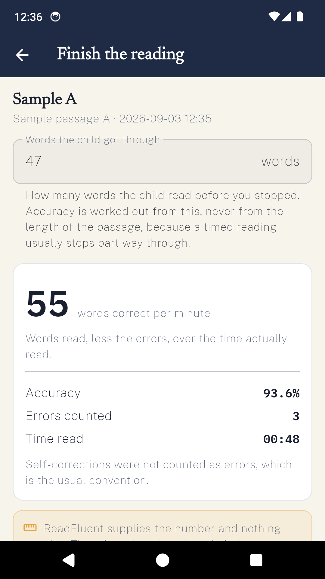 A finished ReadFluent reading showing fifty five words correct per minute, accuracy of ninety three point six percent, three errors counted and forty eight seconds read.