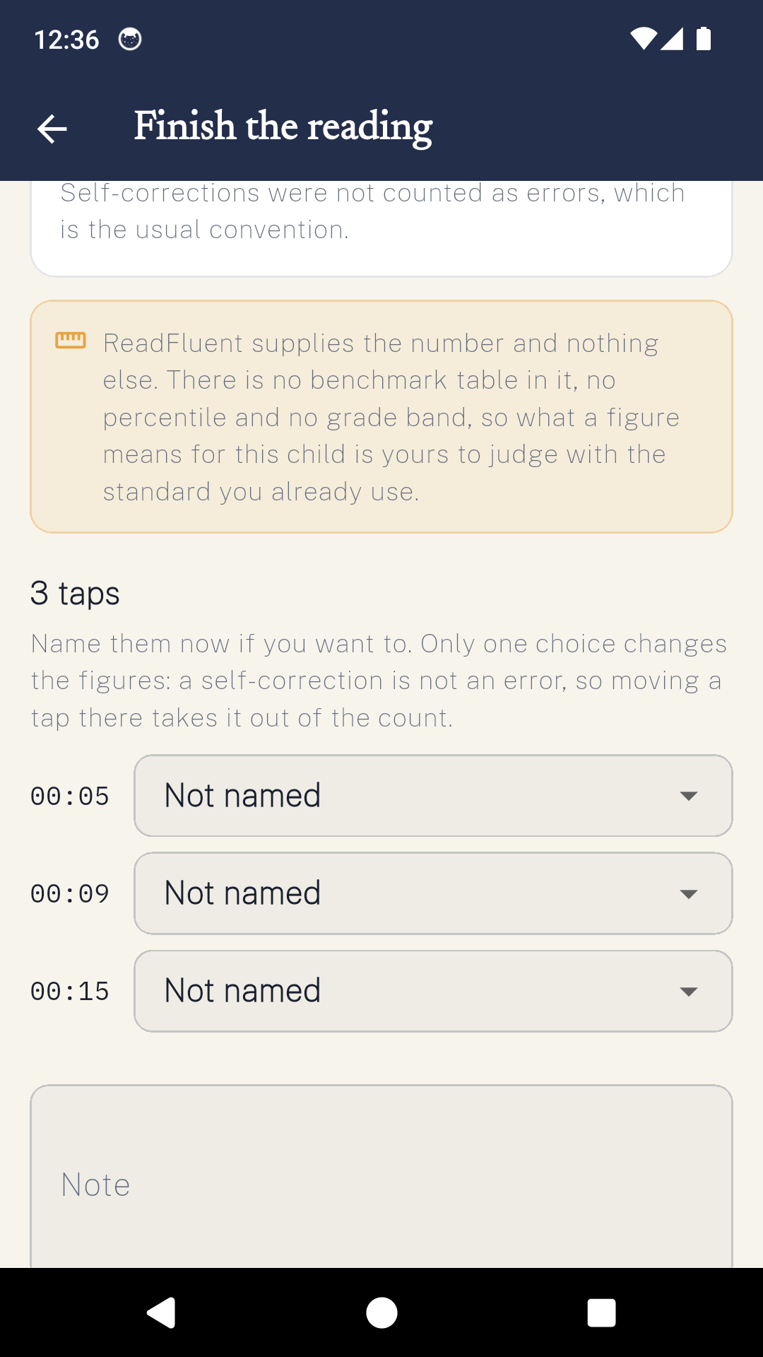The ReadFluent review screen listing three taps at five, nine and fifteen seconds, each with a dropdown to name it.