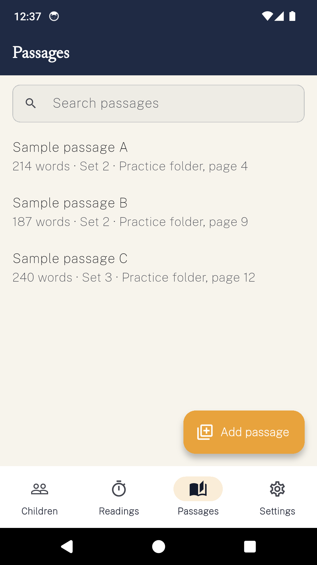 The ReadFluent passages list showing three of the practitioner's own texts with word counts and folder notes.