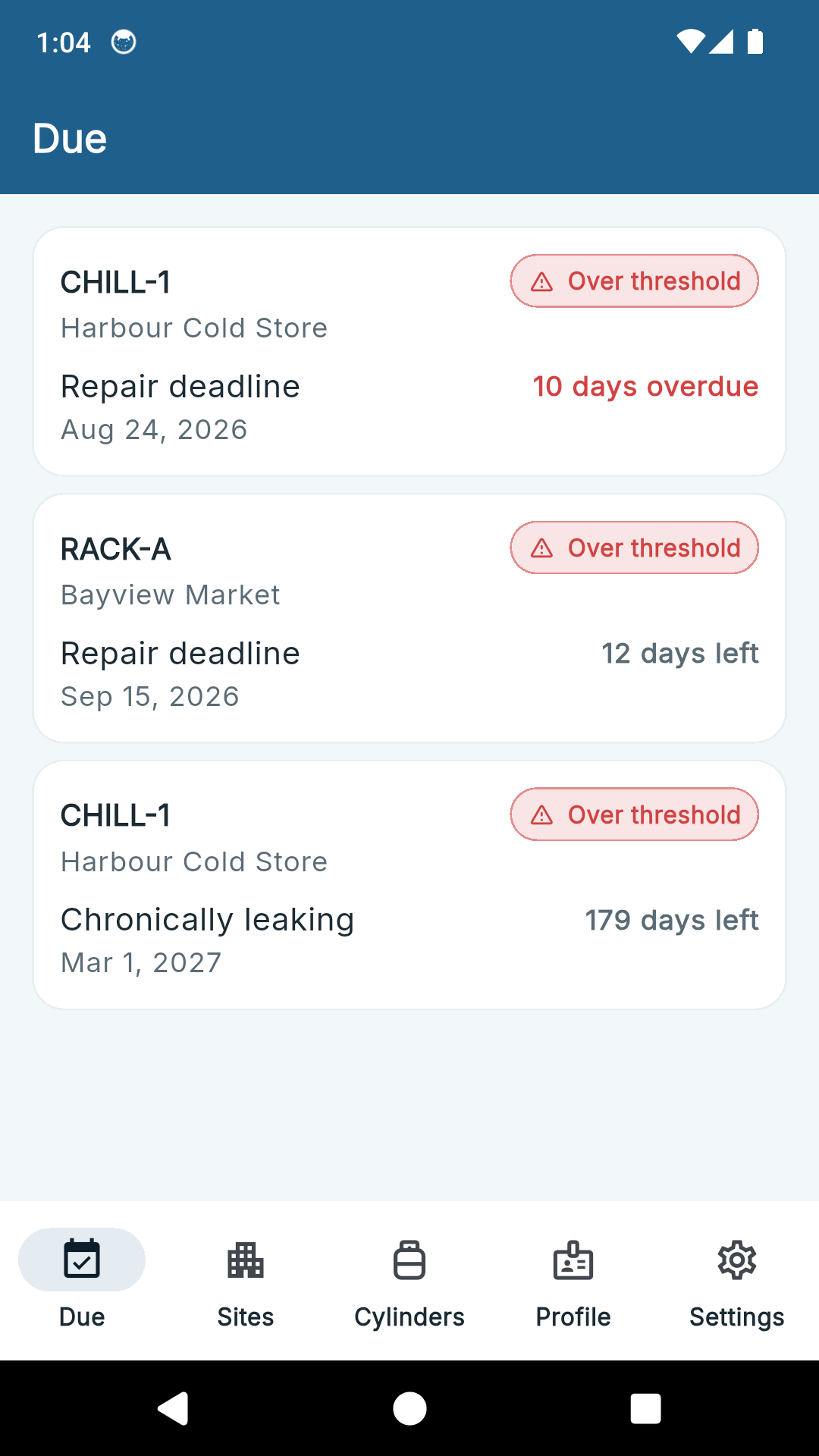 The RefrigLog due screen listing two overdue repair deadlines and one chronically leaking appliance with its report date.