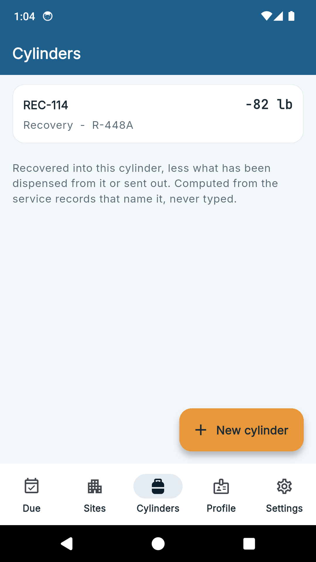 The RefrigLog cylinders screen showing a recovery cylinder balance computed from the service records that name it.