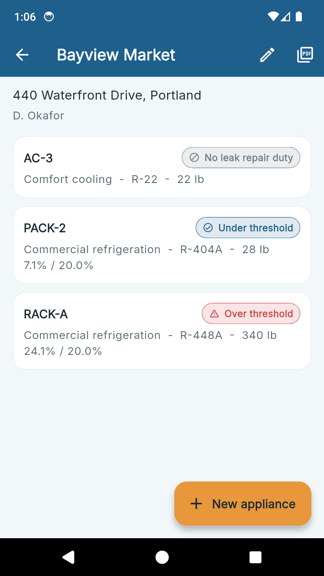 A RefrigLog site with three appliances, one showing no leak repair duty and two showing their leak rate against a twenty percent threshold.
