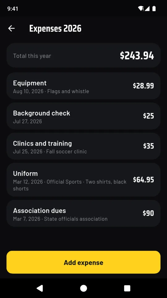 Expenses 2026 totalling $243.94, with equipment $28.99, a background check $25, clinics and training $35, a uniform $64.95 and association dues $90