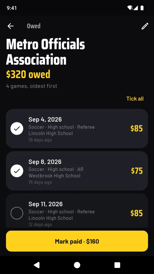 Metro Officials Association's page in RefTally: $320 owed across 4 games, oldest first, with two games ticked and a Mark paid $160 button