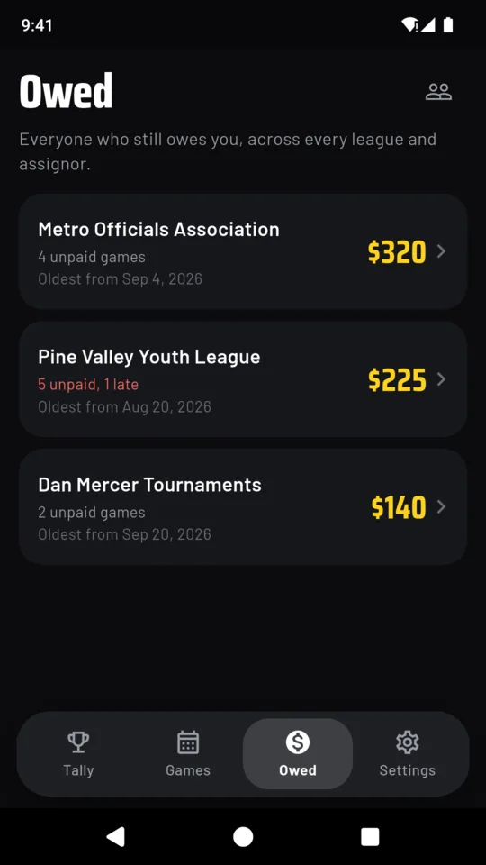 The Owed screen listing Metro Officials Association at $320 for 4 unpaid games, Pine Valley Youth League at $225 with 5 unpaid and 1 late, and Dan Mercer Tournaments at $140 for 2 unpaid games