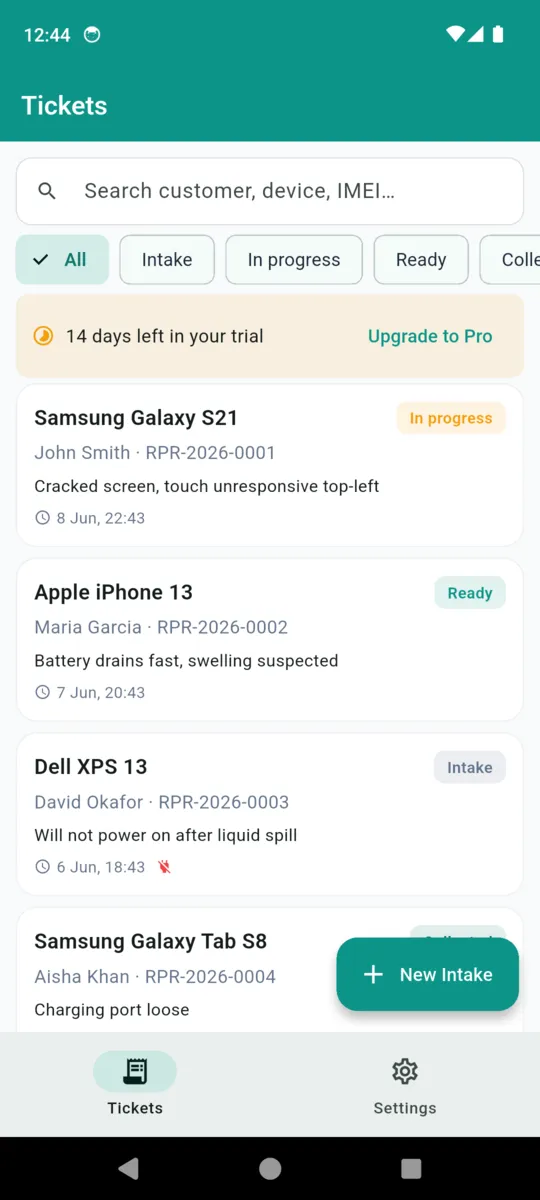 The RepairProof ticket list: four tickets with status chips reading In progress, Ready and Intake, above a search box covering customer, device and IMEI