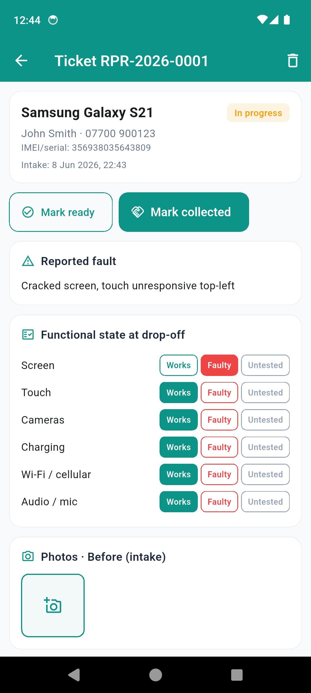 RepairProof ticket detail with the functional-state checklist marking screen, touch, cameras, charging and Wi-Fi as works, faulty or untested