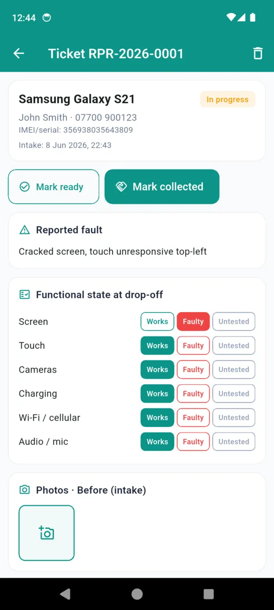 A RepairProof ticket detail for a Samsung Galaxy S21 showing the reported fault and the functional checklist with Screen and Touch marked Faulty